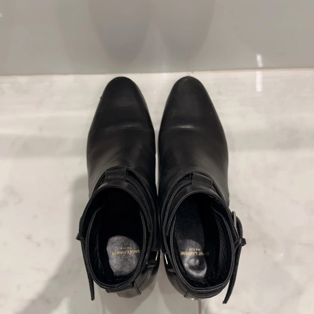Saint Laurent Black Leather Ankle Booties with Buckle Straps - Picture 8 of 12
